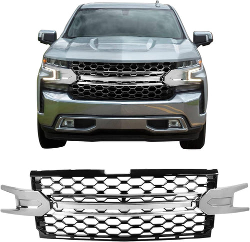 , Grille Compatible with 2019-2021 Chevrolet Silverado 1500 Lt/Ltz/Rst/High Country, Black with Chrome Mesh Front Bumper Grill, 2020 2021 2022