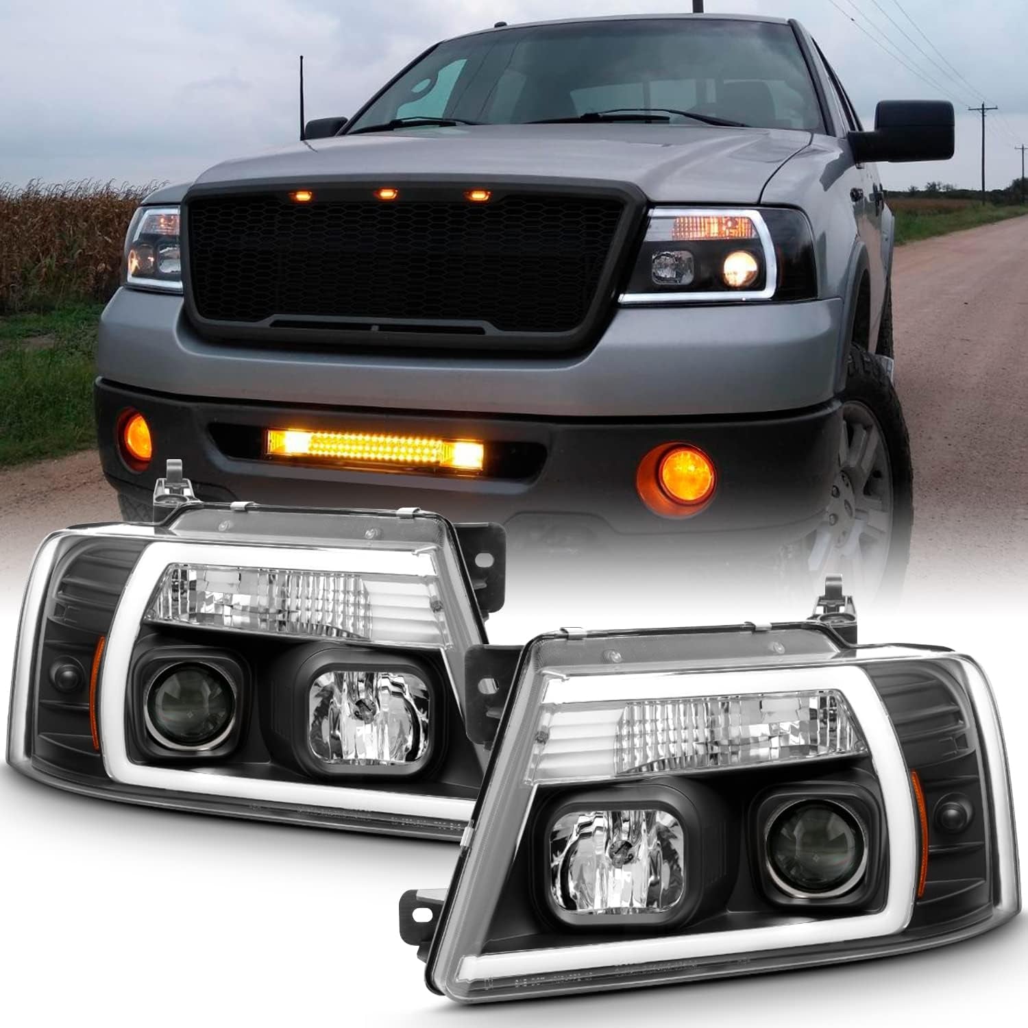 - for 2004-2008 Ford F150 LED Daytime Running Lamp Bar Projector Headlights Black Housing Clear Lens Full Set