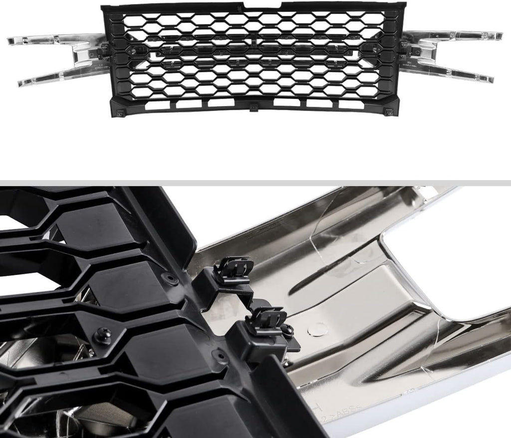 , Grille Compatible with 2019-2021 Chevrolet Silverado 1500 Lt/Ltz/Rst/High Country, Black with Chrome Mesh Front Bumper Grill, 2020 2021 2022