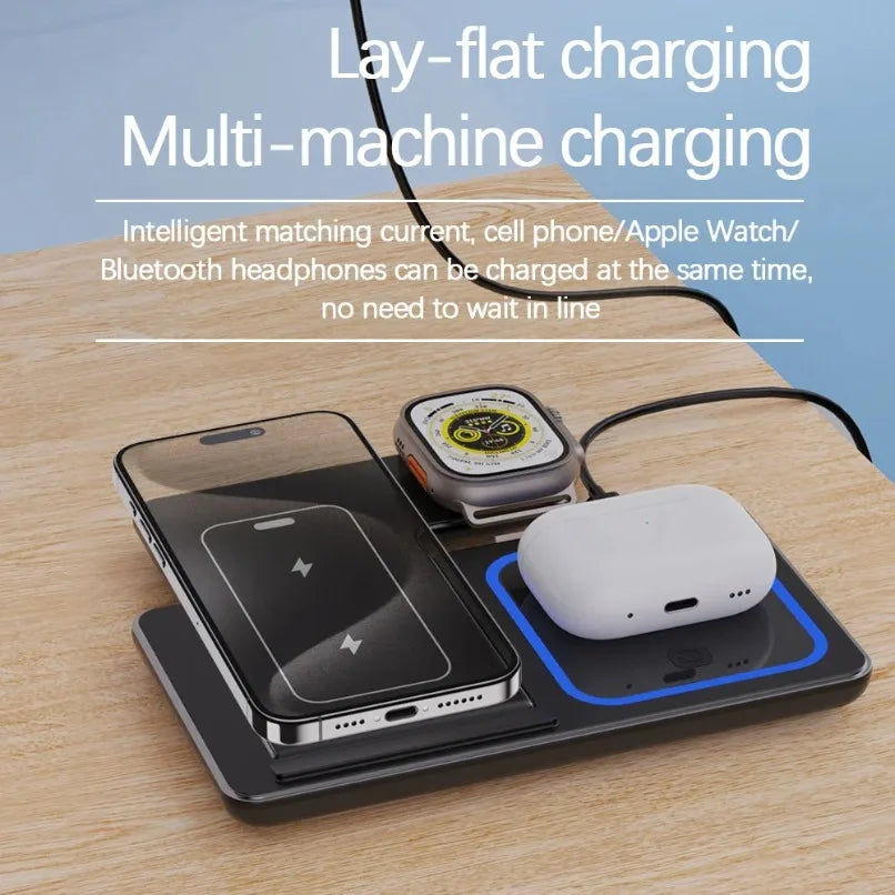 LED Fast Wireless Charger Stand 3 in 1 Foldable Charging Station for Iphone 17 16 15 Pro Max Apple Watch 9 8 7 6 5 Airpods Pro