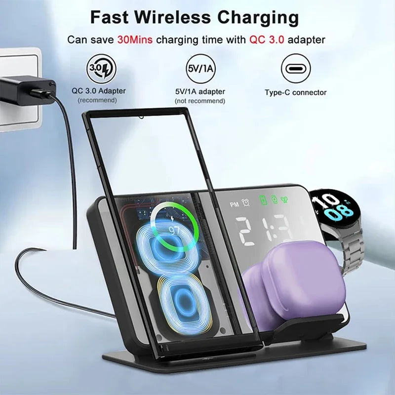 3 in 1 Wireless Charger for Samsung Galaxy Watch 6 5 Pro Fast Charging Station for Galaxy S24 S23 S22 Alarm Clock Chargers Stand