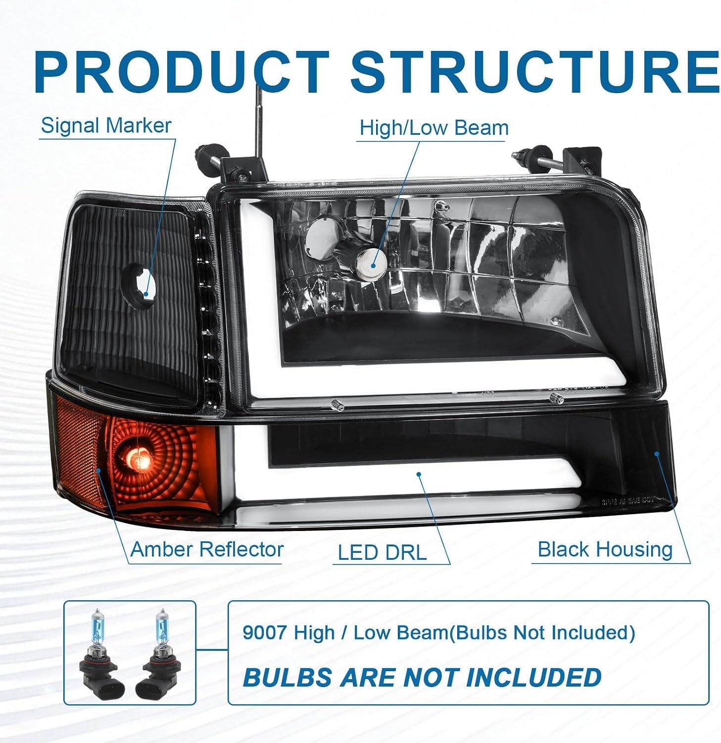 LED DRL Headlights Compatible with 1992-1996 Ford F150 F250 F350 & Ford Bronco Replacement Headlamp Amber Reflector Black Housing