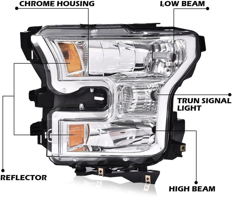 Front Headlights Headlamps Assembly Left & Right Side Compatible with Ford F150 2015 2016 2017 FO2502335, FO2503335, FO2502344 Clear Lens Chrome Housing Amber Reflector