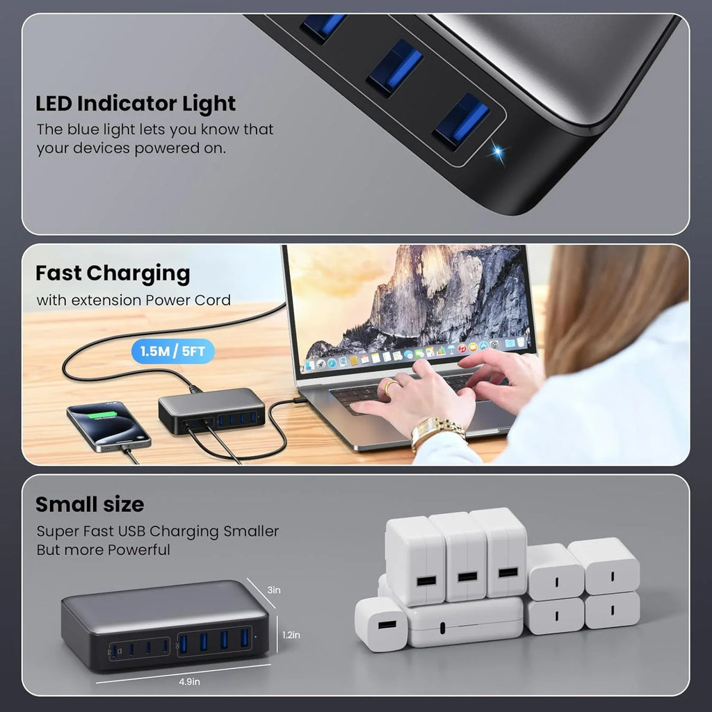 200W Fast Charging Station USB C Charger Block 8-Port Hub PD 65W Laptop Charger Adapter for Macbook,Dell, Iphone,Galaxy