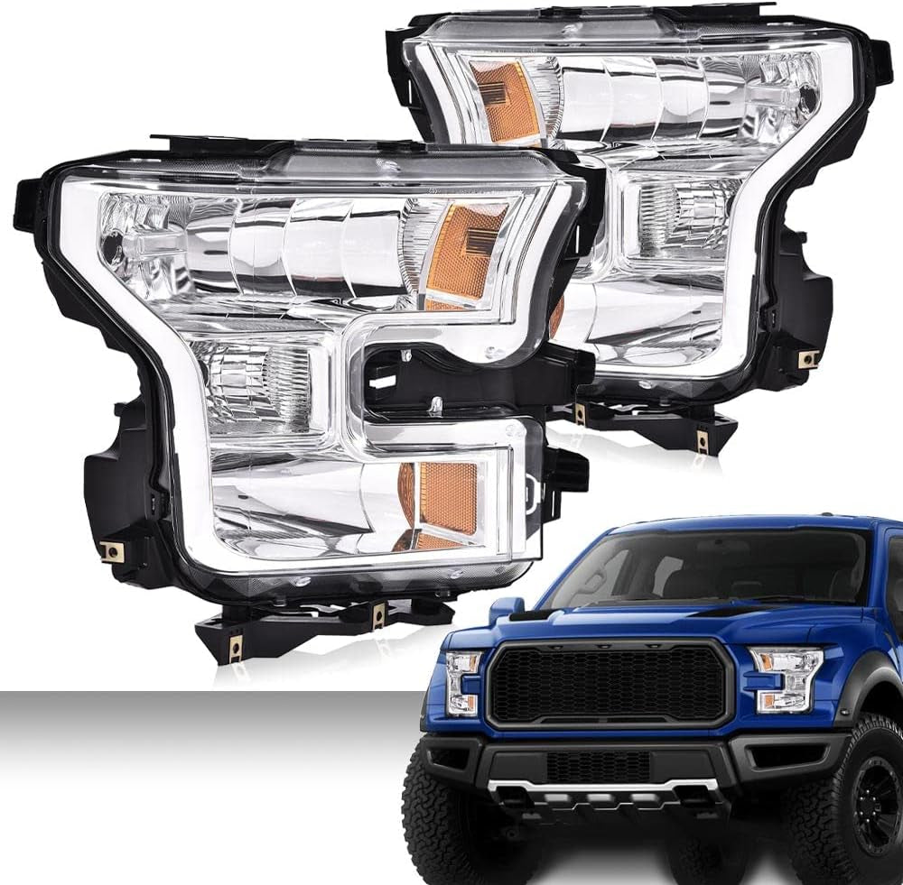 Front Headlights Headlamps Assembly Left & Right Side Compatible with Ford F150 2015 2016 2017 FO2502335, FO2503335, FO2502344 Clear Lens Chrome Housing Amber Reflector