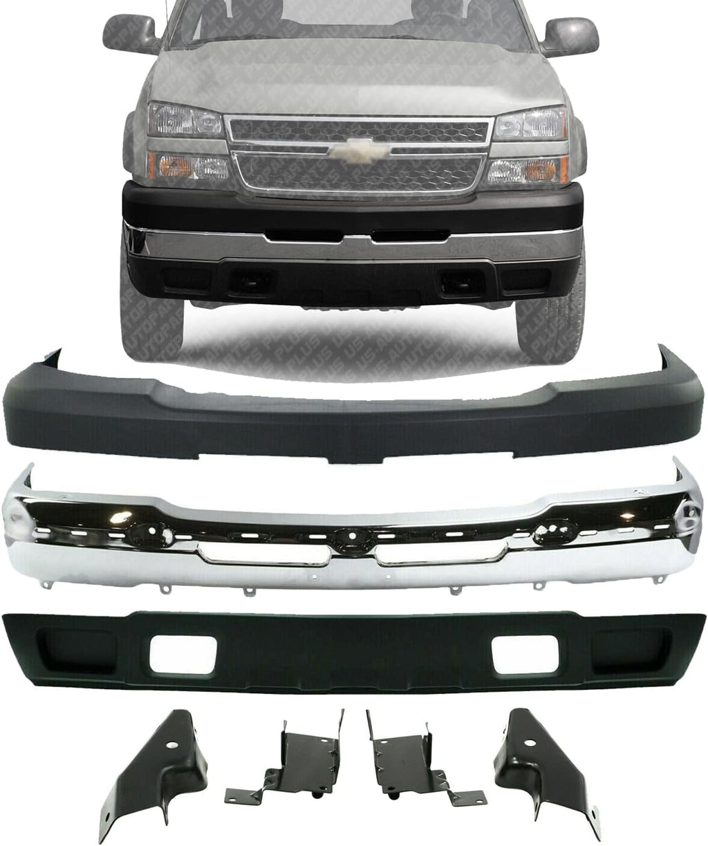 Front Bumper Chrome Steel+Upper Cover+Lower Valance Textured+Bracket Set Left Right Side 2003-2006 Chevrolet Silverado 2500HD 3500 Direct Replacement GM1002416 GM1051109 GM1061101