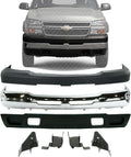 Front Bumper Chrome Steel+Upper Cover+Lower Valance Textured+Bracket Set Left Right Side 2003-2006 Chevrolet Silverado 2500HD 3500 Direct Replacement GM1002416 GM1051109 GM1061101