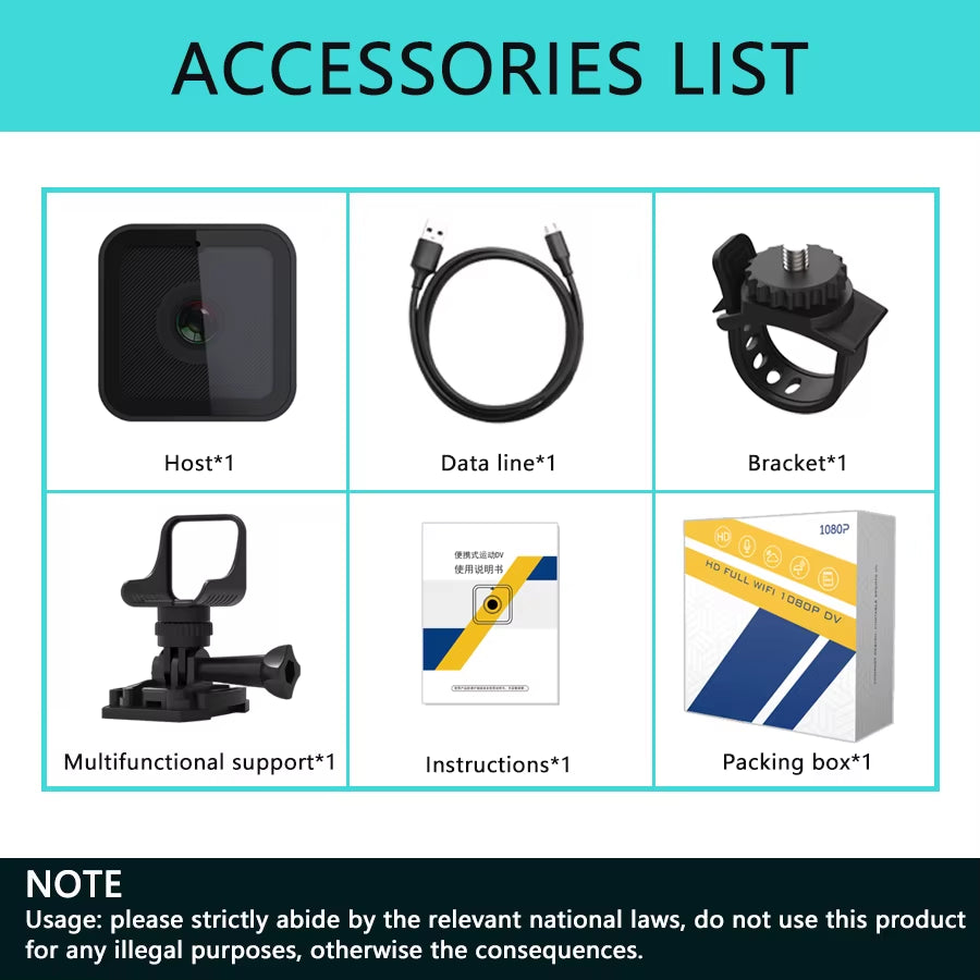 Equipped with Wifi Waterproof Camera, High-Definition 1080P Portable Sports Mini Camera, Motorcycle and Bicycle Driving Recorder