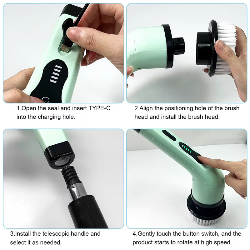 9-In-1 Multifunctional Wireless Electric Cleaning Brush Household Kitchen Bathroom Brush USB Handheld Rotating Cleaning Tools