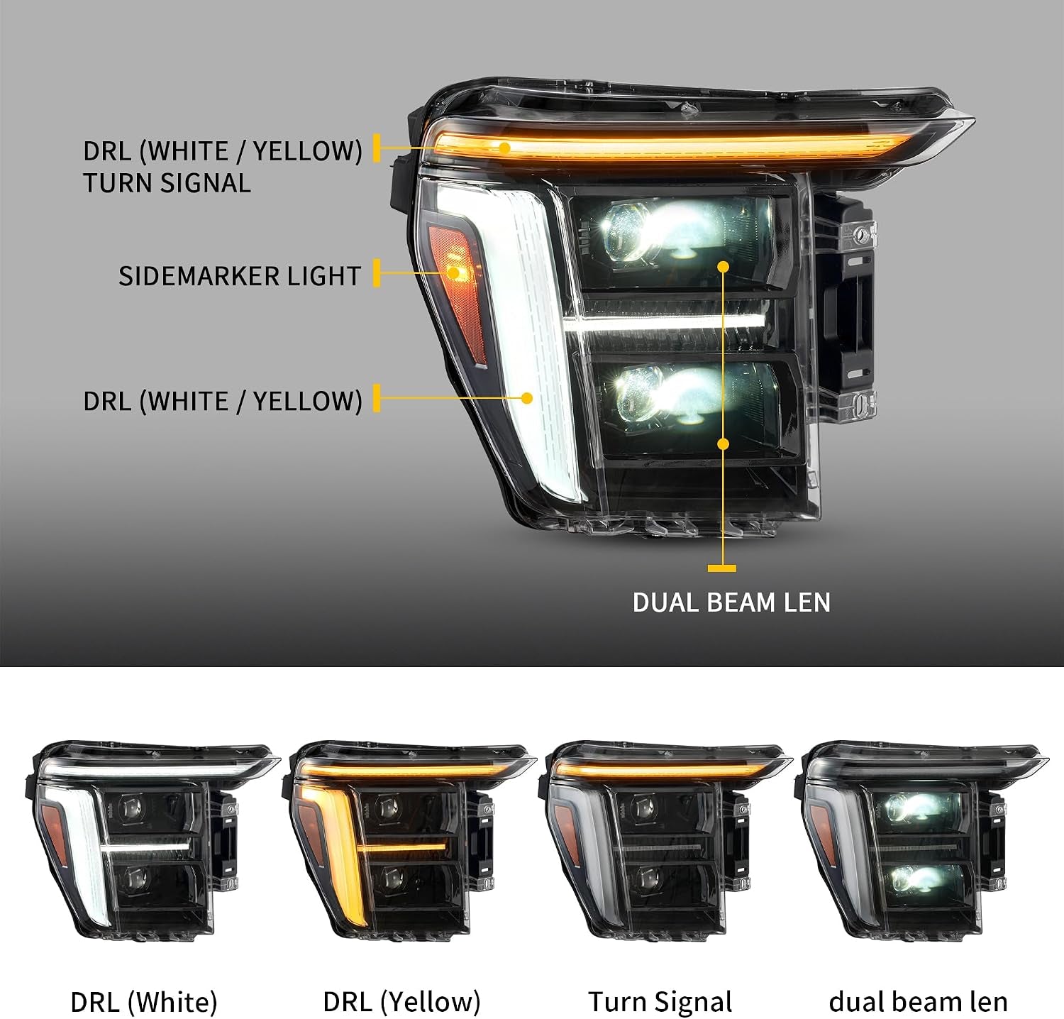 VLAND LED Headlights for 2021-2023 Ford F150 [Only Fit for F-150 with Halogen/Xenon OEM Light], Yellow or White DRL, Not for Raptor & F-150 Lightning, Black