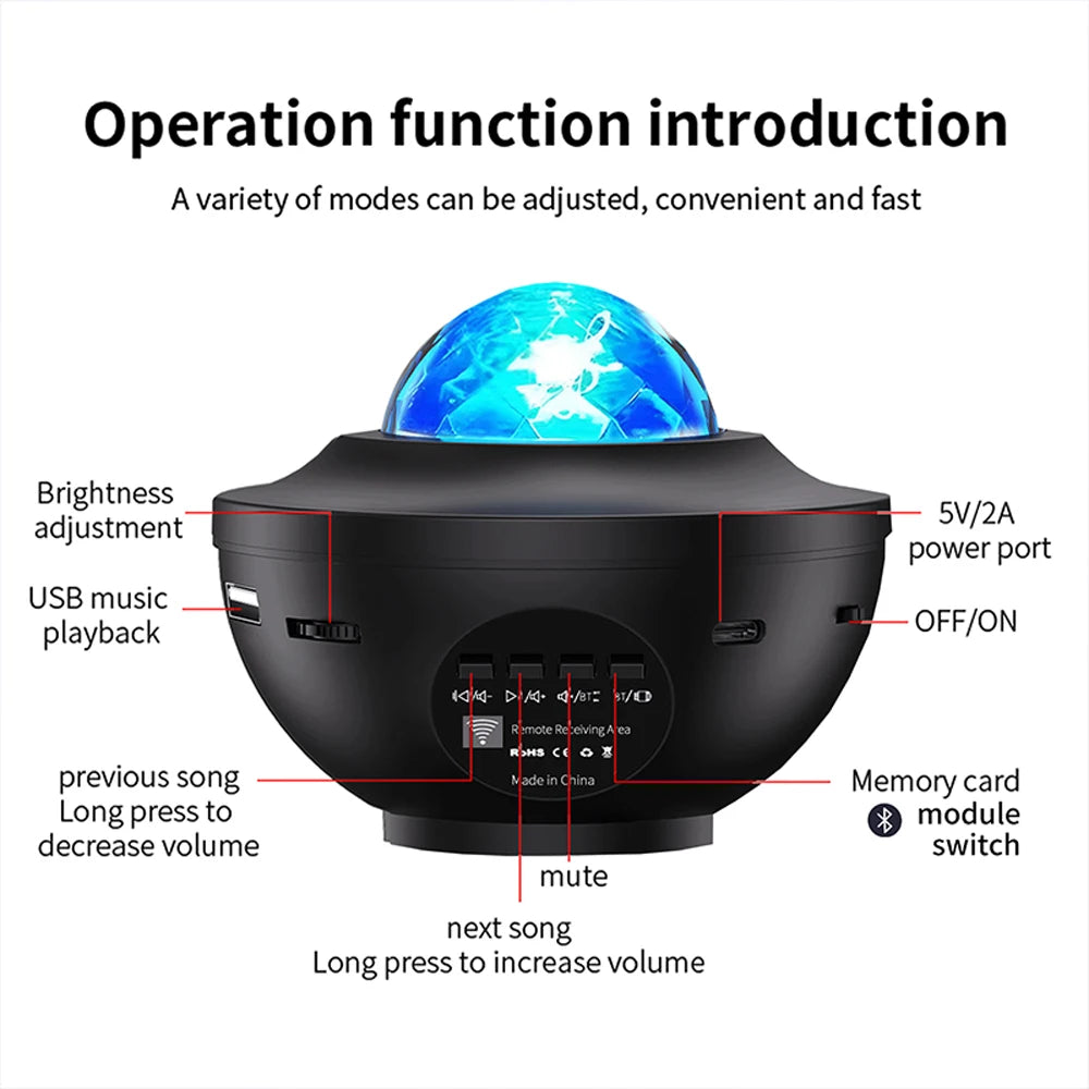 Music Player Starry Sky Projector Light LED Small Night Light USB Power Remote Control Ocean Wave Room Lighting Decoration Light