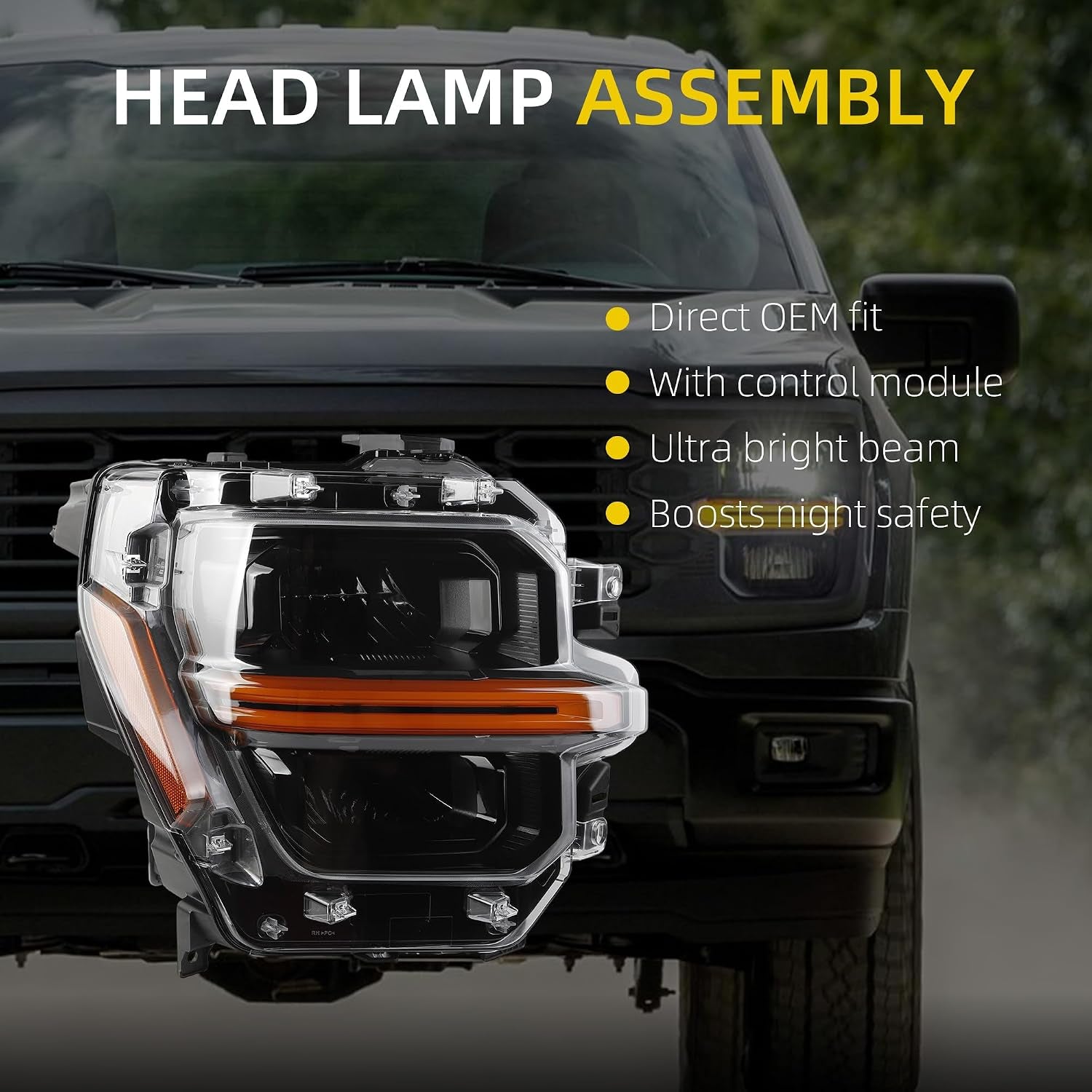Headlight Assembly LED with Module Compatible with 2024 2025 Ford F150 XL XLT STX Tremor Head Lamp Right Passenger Side Replace RL34-13E014-AJ RL3Z-13008-G RL34-13E015-AF RL3Z-13008-H