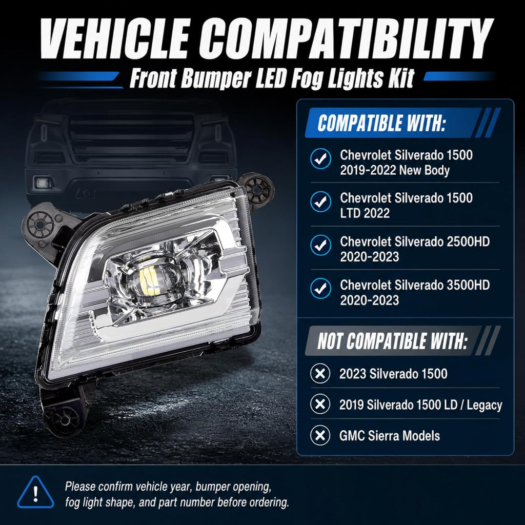 LED Fog Lights Kit Compatible with Chevrolet Silverado 1500 2019-2022 New Body/Ltd, 2500HD 3500HD 2020-2023, Front Bumper Fog Lamps Pair Replaces 84509651 84509652