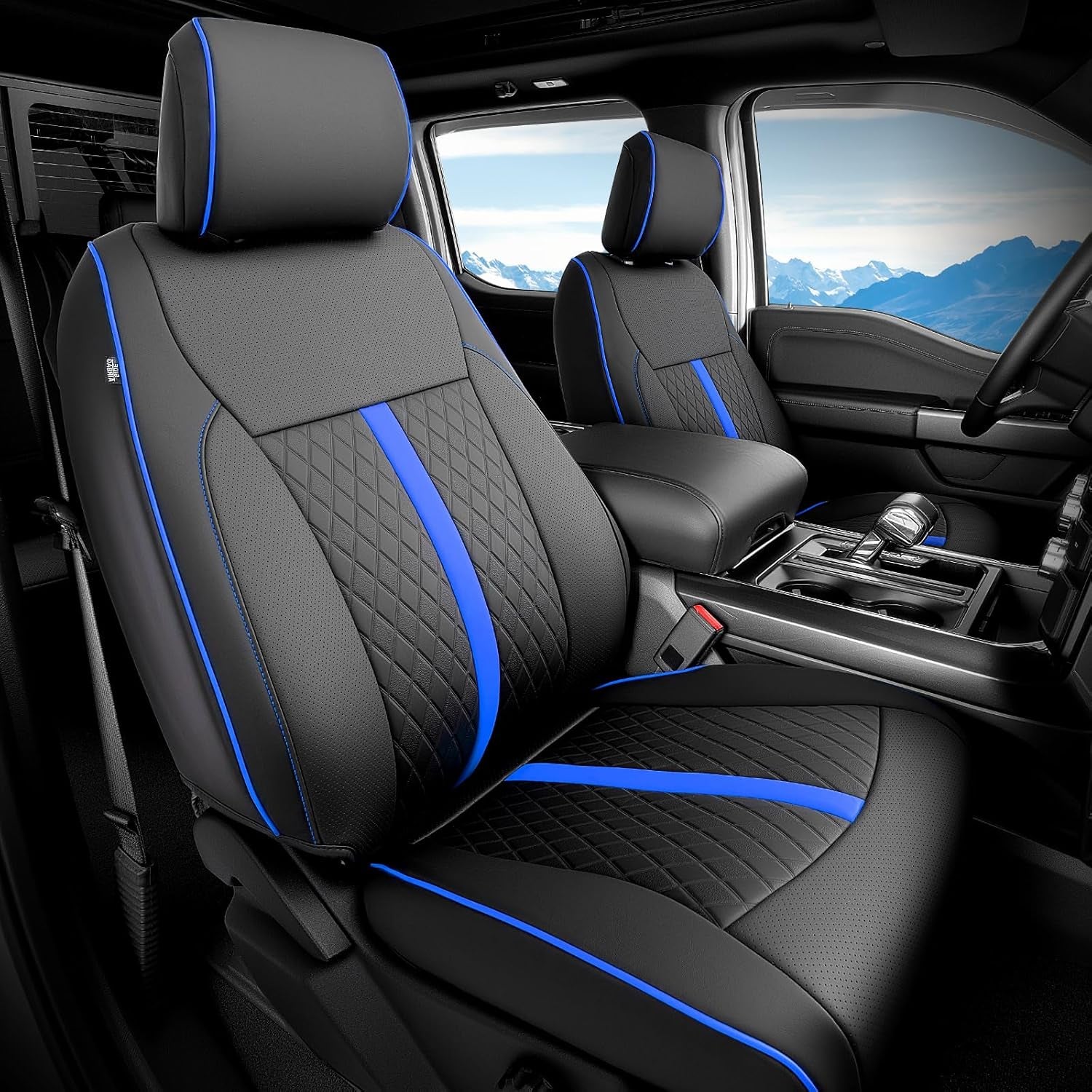 ® for Ford F150 Seat Covers: 2015-2026 Supercrew/Crew Cab, Full Set Faux Leather Truck Seat Covers for F-150 XL XLT, Car Accessories Custom Fit Pickup Seat Protectors for Ford F 150, Black/Blue