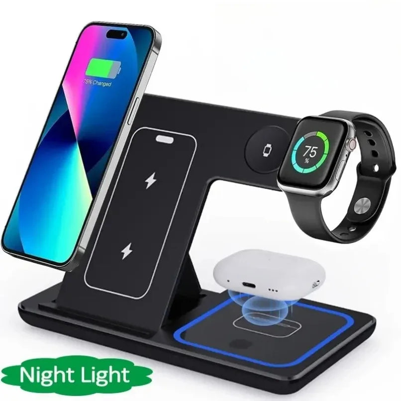 LED Fast Wireless Charger Stand 3 in 1 Foldable Charging Station for Iphone 17 16 15 Pro Max Apple Watch 9 8 7 6 5 Airpods Pro