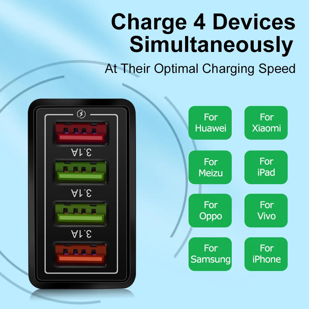 Fast 4 USB Charger Quick Charge 3.0 Fast USB Wall Charger Portable Mobile Charger QC 3.0 Adapter for Mobile Phone EU US Plug