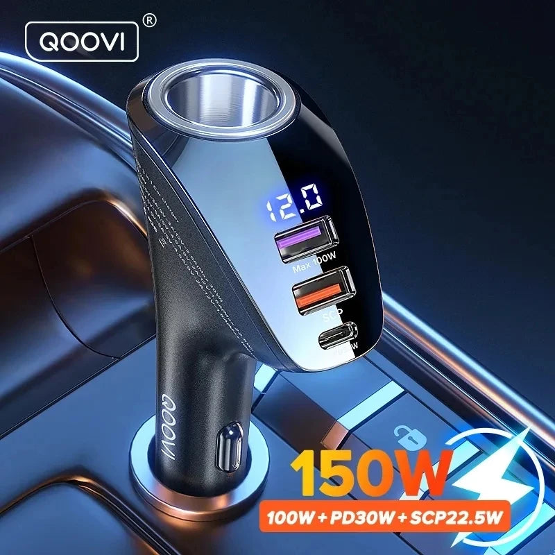 150W 4-Ports Car Charger USB Type C Super Fast Charging PD 4.0 Cigarette Lighter Socket for Iphone Xiaomi Samsung Huawei