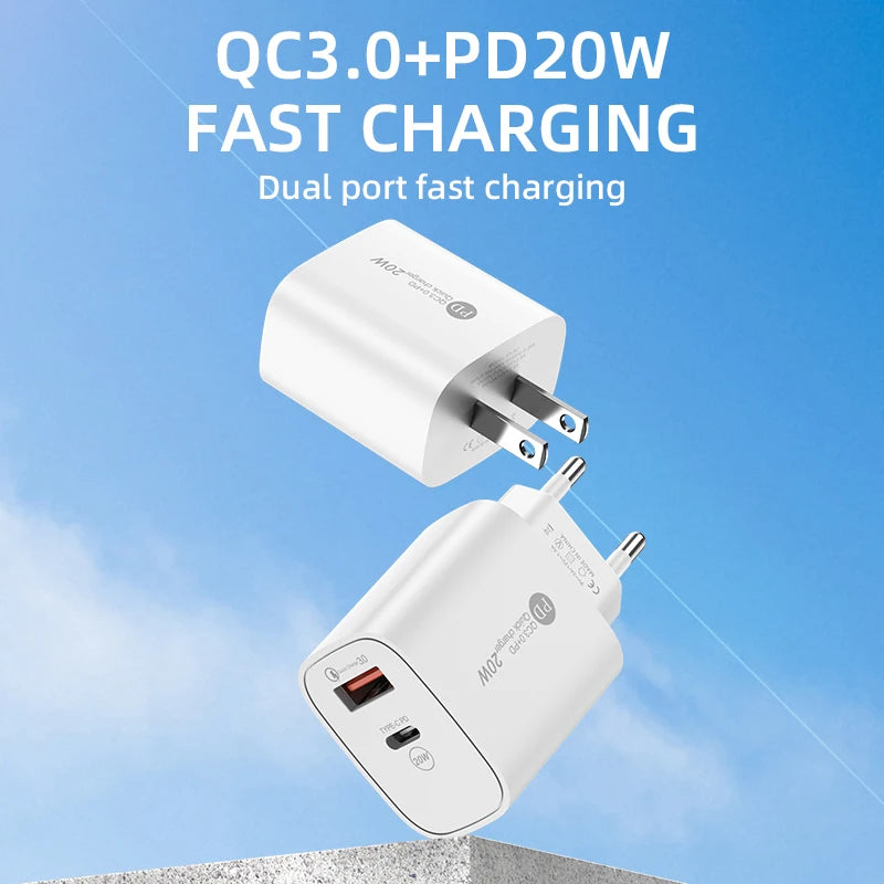 USB PD Charger 20W Dual Ports Type C Wall Charger Quick Charge 3.0 for Iphone Xiaomi Samsung Phone Charger Fast Charging Adapter