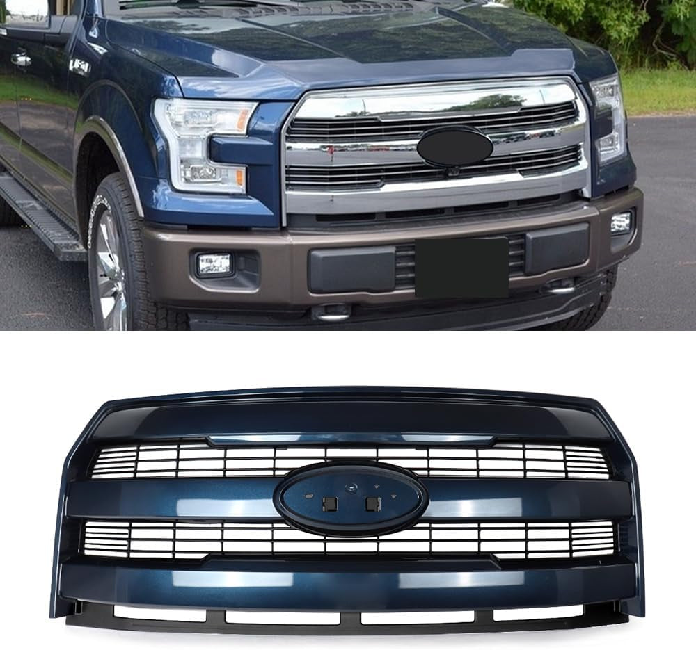 Blue Jeans Mesh Grille Assembly Compatible with 2015-2017 Ford F150 Lariat Style Front Upper Grill W/O Camera Hole Replace for FL3Z8201GA