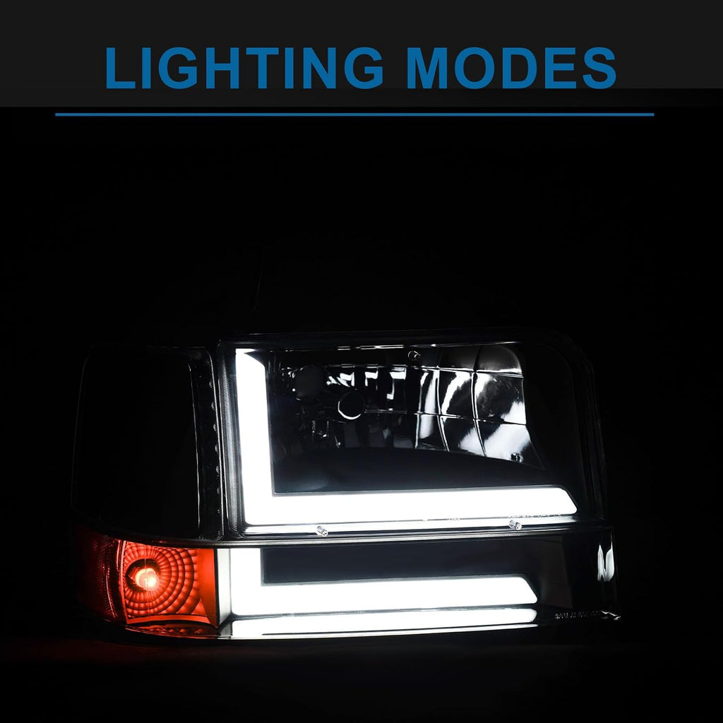 LED DRL Headlights Compatible with 1992-1996 Ford F150 F250 F350 & Ford Bronco Replacement Headlamp Amber Reflector Black Housing
