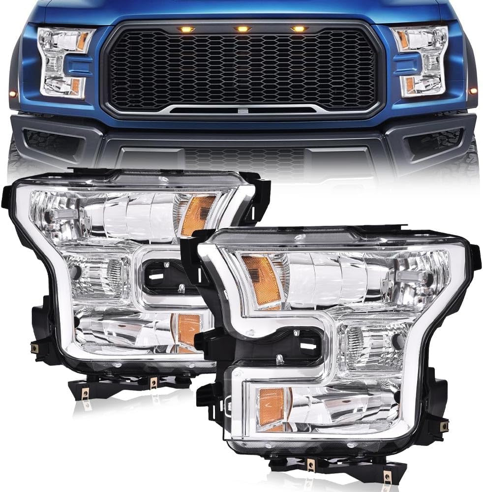 Front Headlights Headlamps Assembly Left & Right Side Compatible with Ford F150 2015 2016 2017 FO2502335, FO2503335, FO2502344 Clear Lens Chrome Housing Amber Reflector