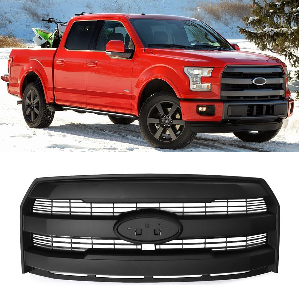Front Grill Grille Fits 2015-2017 Ford F150 Lariat Style Matte Black Mesh W/Camera Hole Replace for FL3Z8200GA