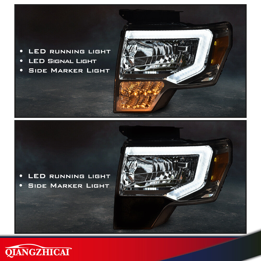 Fit for 09-2014 Ford F150 F-150 Truck LED DRL Headlights Chrome/ Clear
