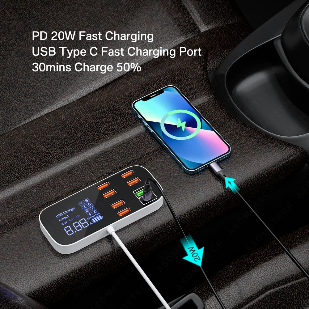 40W 8 Ports USB Car Charger QC3.0 PD Type C Fast Phone Charger with LED Display Multi USB Charger for Iphone 14 Android Samsung