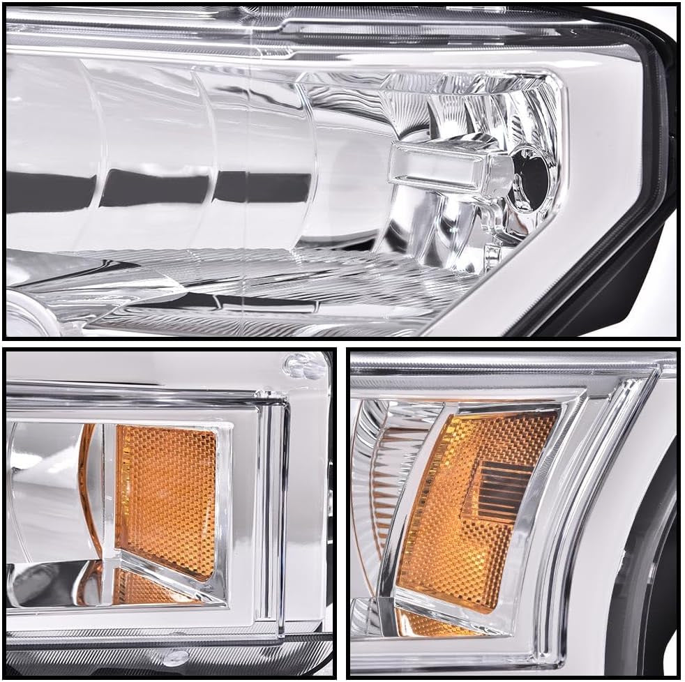 Front Headlights Headlamps Assembly Left & Right Side Compatible with Ford F150 2015 2016 2017 FO2502335, FO2503335, FO2502344 Clear Lens Chrome Housing Amber Reflector