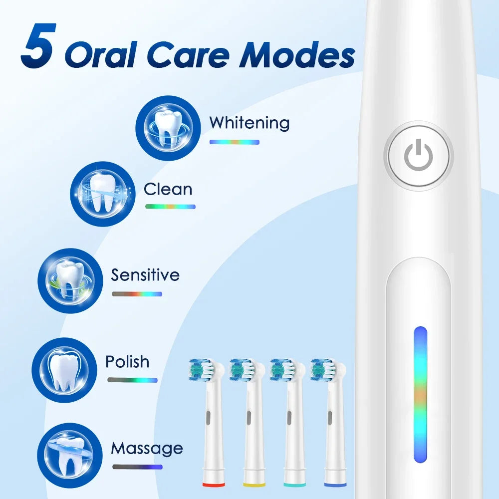 NEW Smart round Rotating Electric Toothbrush for Adults 5 Cleaning Mode USB Rechargeable with 4 Replacement Heads Timed Reminder