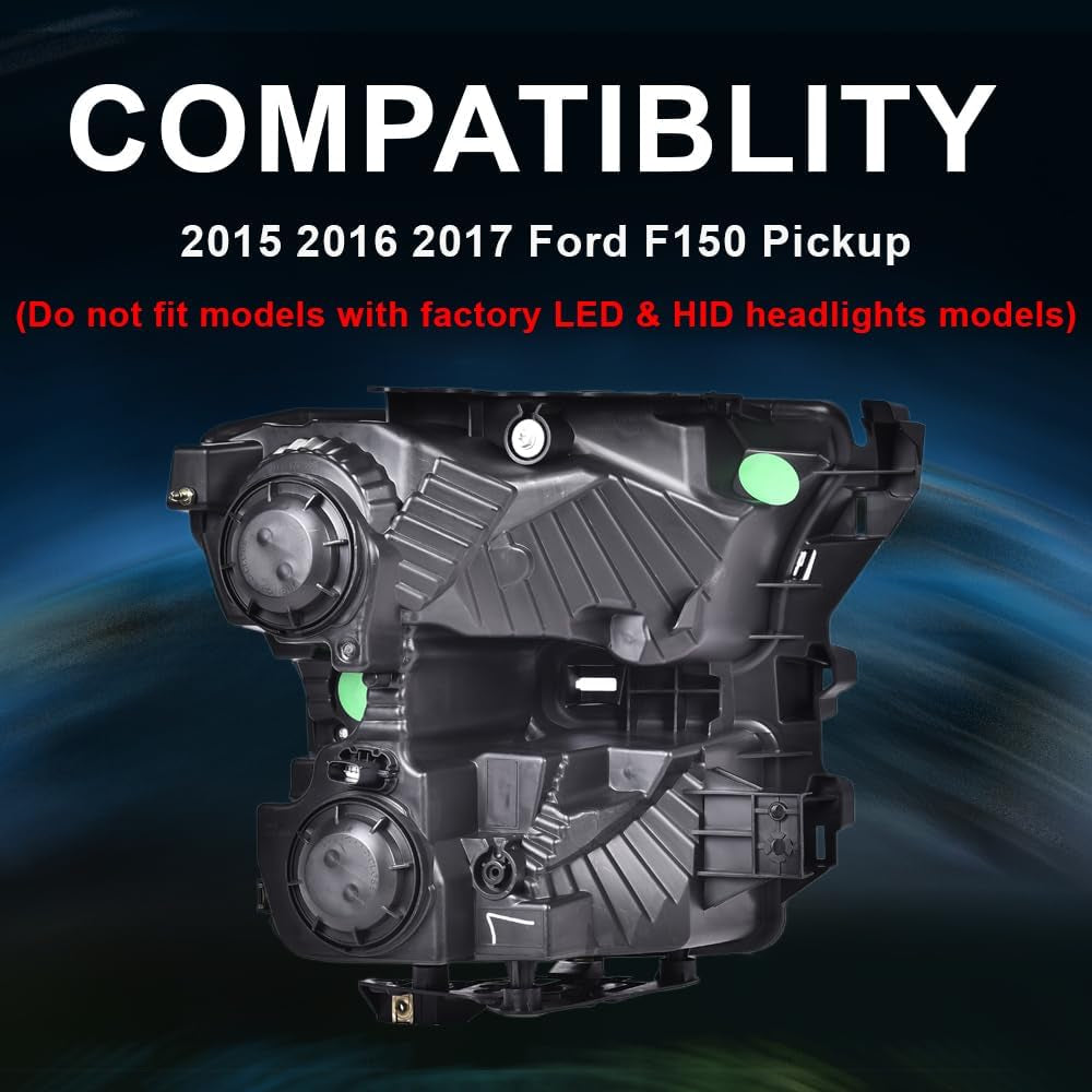 Headlights Assembly Compatible with 2015 2016 2017 Ford F150 Front Headlamp Clear Lens Black Housing Amber Reflector