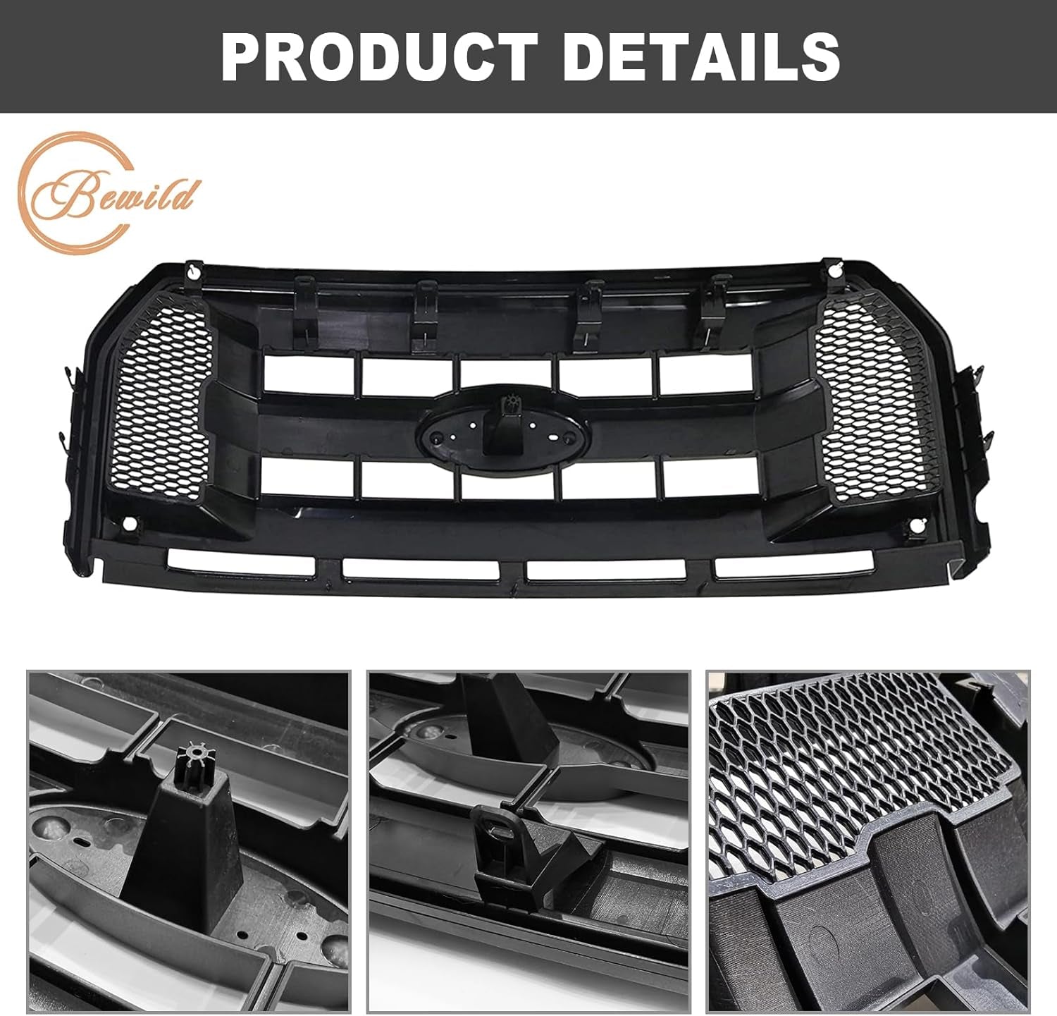 Front Bumper Grille Assembly Compatible with 2015 2016 2017 Ford F150 Centre Bumper Painted Black Housing and Insert Grille Assembly Shroud