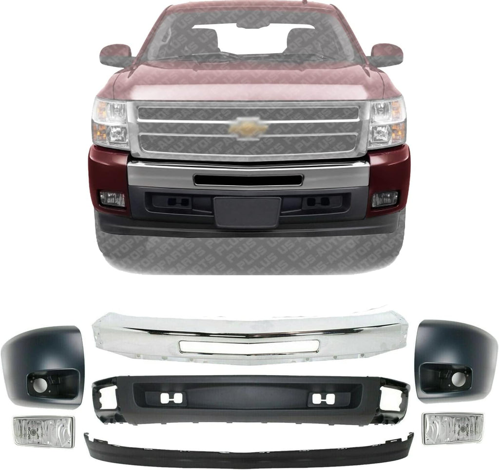 New Front Bumper Chrome Steel + Lower Valance + Extension Textured + Bumper Ends Primed + Fog Lights Right & Left Side Direct Replacement for Chevrolet Silverado 1500 2009-2013