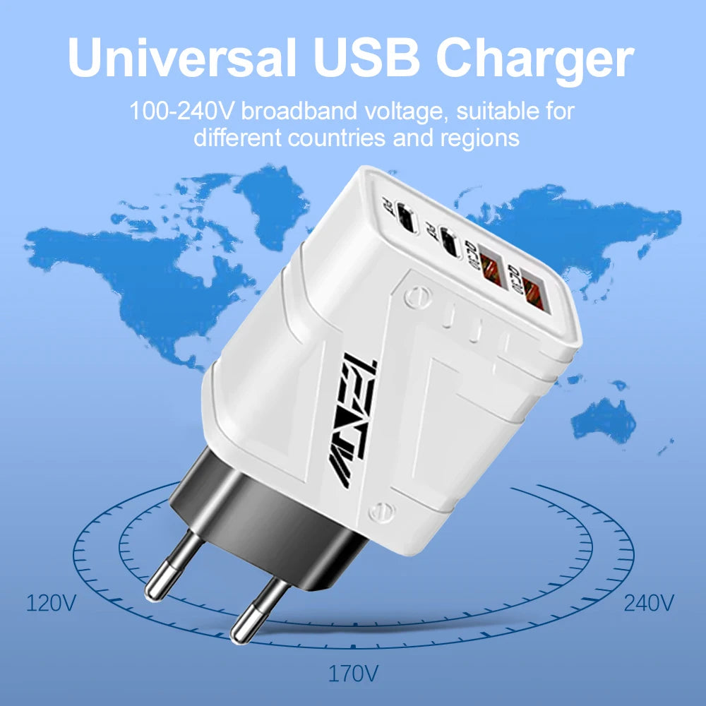 2A USB Charger Multi Ports Type C Fast Charging Phone Charger Adapter for Iphone 16 Samsung Xiaomi Huawei Phone Charger