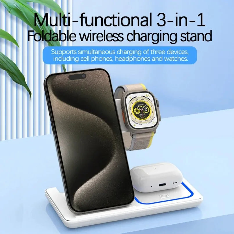 LED Fast Wireless Charger Stand 3 in 1 Foldable Charging Station for Iphone 17 16 15 Pro Max Apple Watch 9 8 7 6 5 Airpods Pro