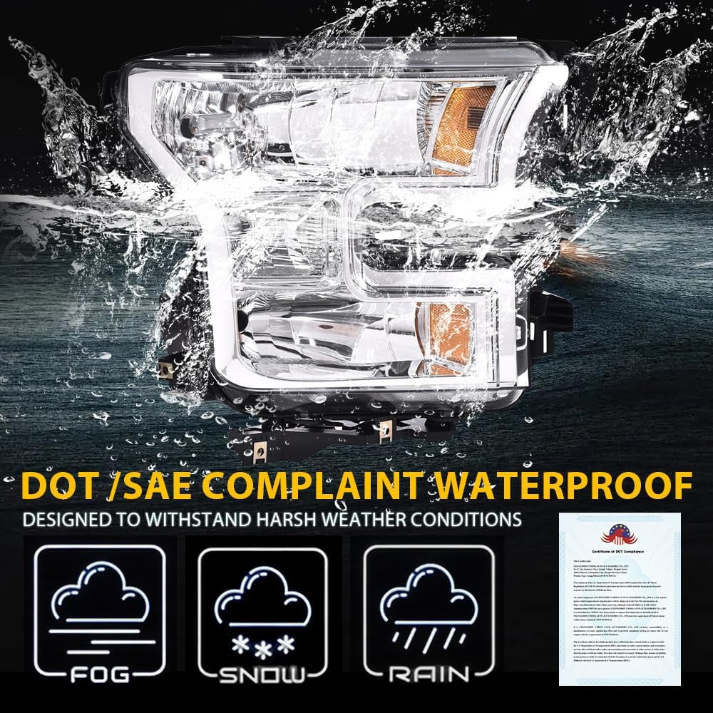 Front Headlights Headlamps Assembly Left & Right Side Compatible with Ford F150 2015 2016 2017 FO2502335, FO2503335, FO2502344 Clear Lens Chrome Housing Amber Reflector