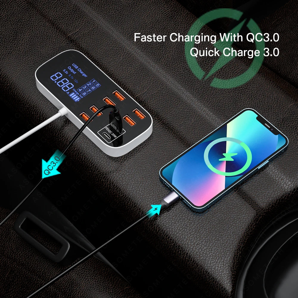40W 8 Ports USB Car Charger QC3.0 PD Type C Fast Phone Charger with LED Display Multi USB Charger for Iphone 14 Android Samsung
