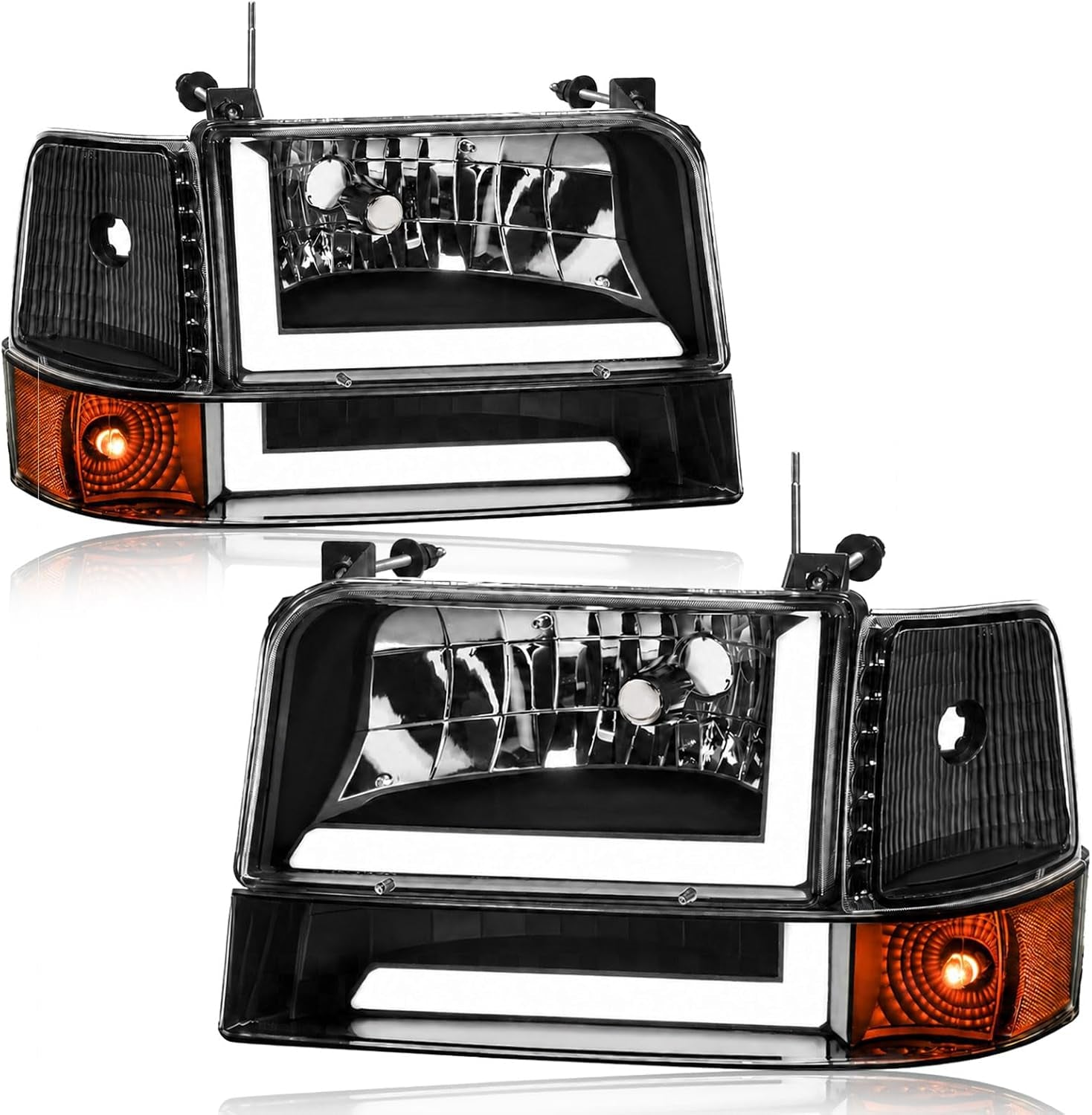 LED DRL Headlights Compatible with 1992-1996 Ford F150 F250 F350 & Ford Bronco Replacement Headlamp Amber Reflector Black Housing