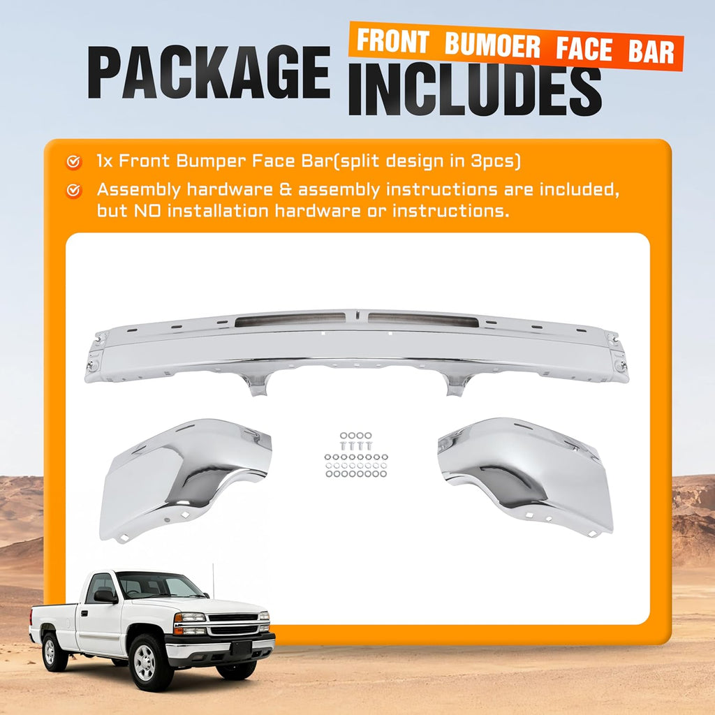 Front Bumper Face Bar(Split Design 3Pcs) Compatible with 2000-2006 Chevrolet Tahoe/Suburban 1500 2500&1999-2002 Chevrolet Silverado 1500 2500 3500 HD Bumper Impact Bar GM1002376 12336026