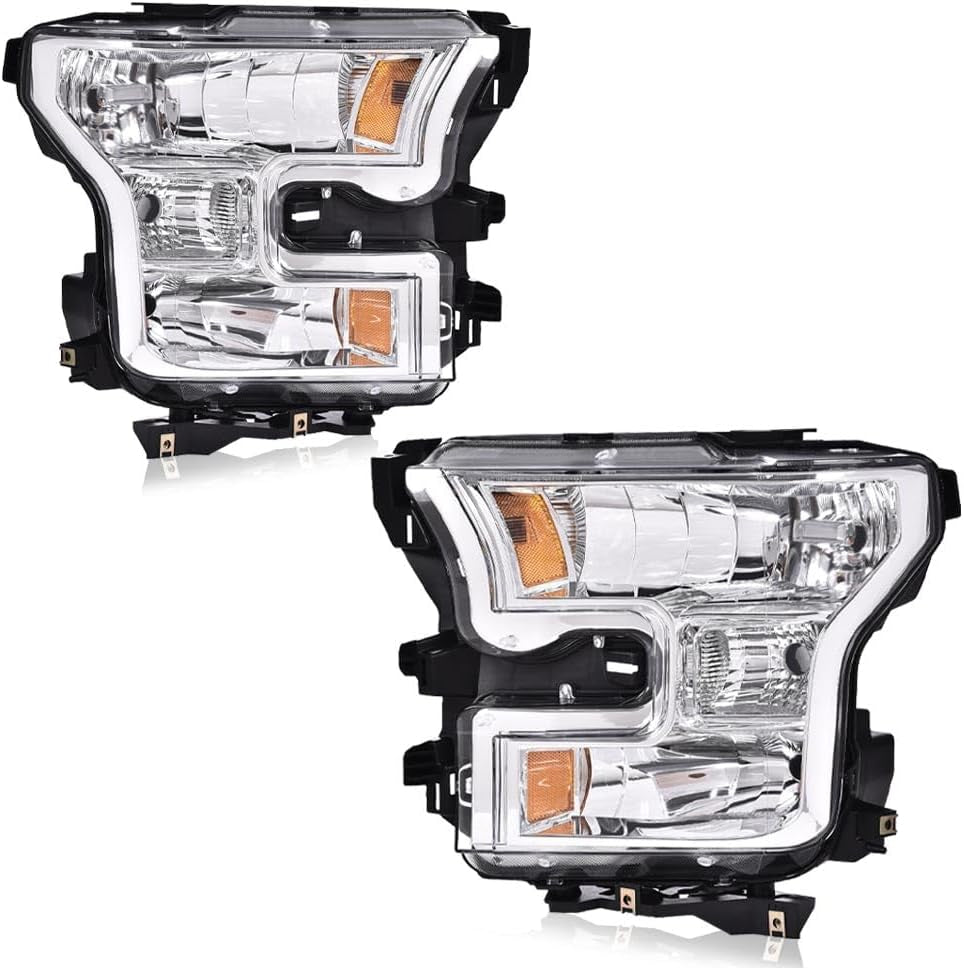 Front Headlights Headlamps Assembly Left & Right Side Compatible with Ford F150 2015 2016 2017 FO2502335, FO2503335, FO2502344 Clear Lens Chrome Housing Amber Reflector