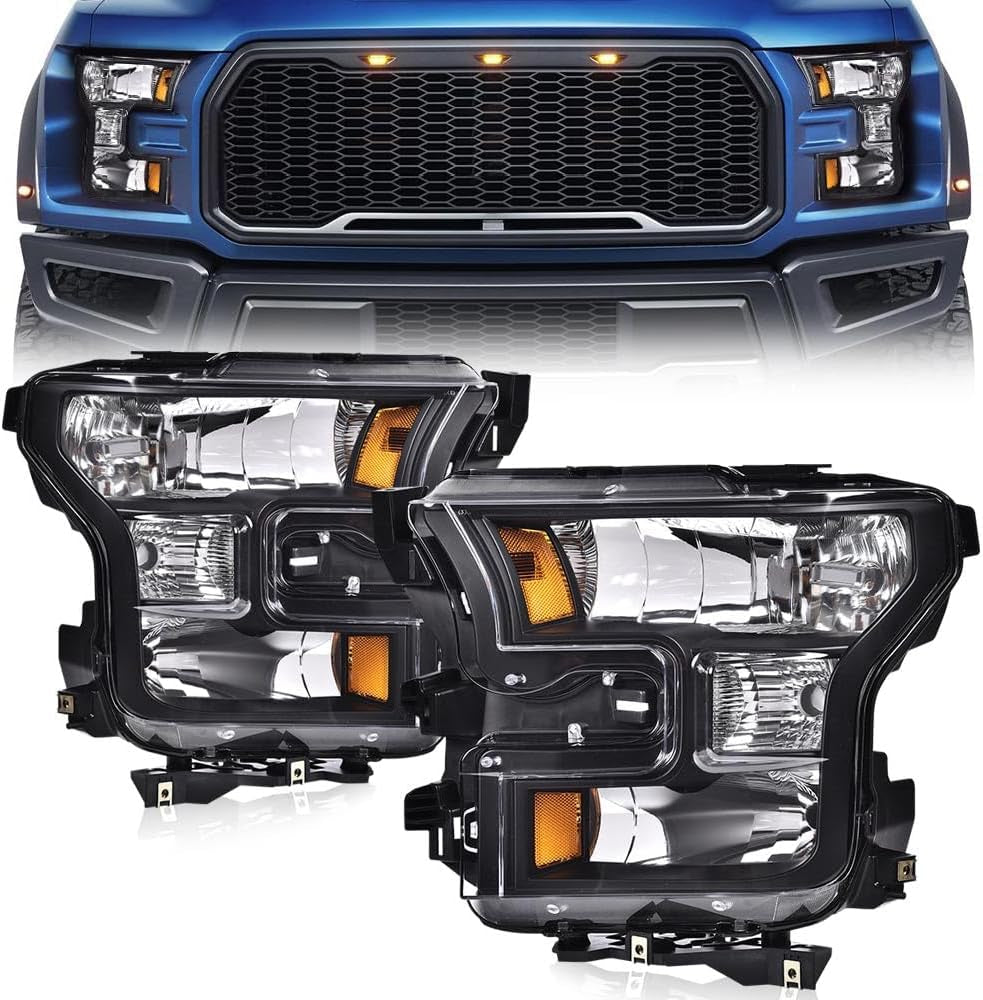 Front Headlights Assembly Headlamp Pair Compatible with Ford F150 2015 2016 2017 (Do Not Compatible with Models with LED or HID Headlights) Clear Lens Black Housing Amber Reflector FO2503335