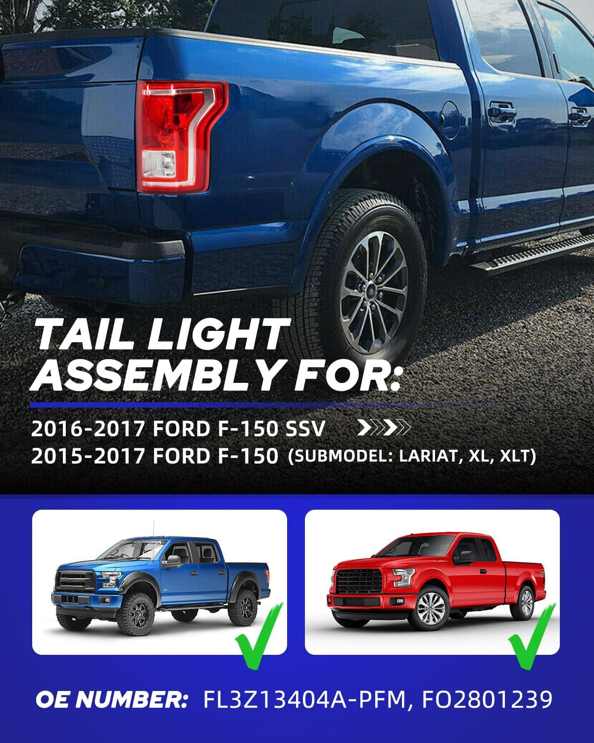 F150 Tail Light Assembly Rear Lamps Factory OEM Taillights Replacement for 2016 2017 Ford F-150 SSV/ 2015 2016 2017 Ford F-150 Lariat, XL, XLT Passenger Side(Rh)