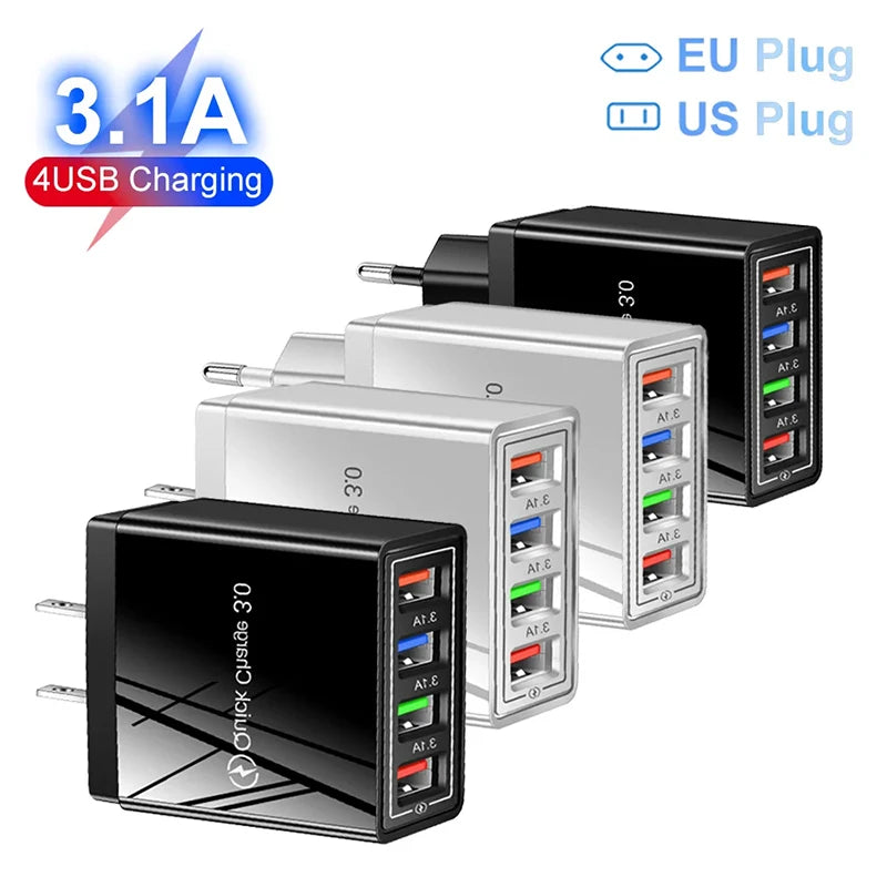 Fast 4 USB Charger Quick Charge 3.0 Fast USB Wall Charger Portable Mobile Charger QC 3.0 Adapter for Mobile Phone EU US Plug