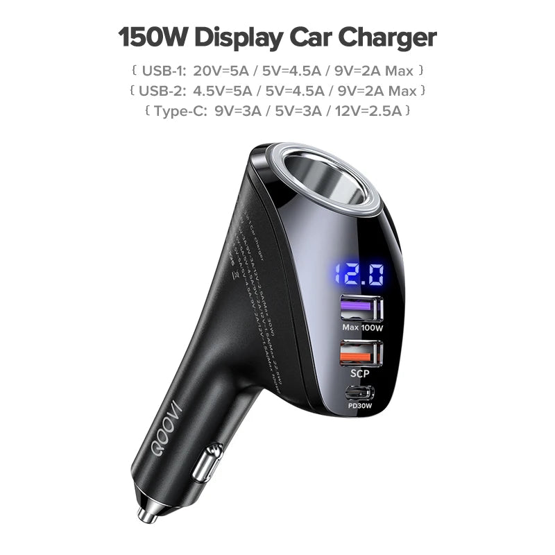 150W 4-Ports Car Charger USB Type C Super Fast Charging PD 4.0 Cigarette Lighter Socket for Iphone Xiaomi Samsung Huawei