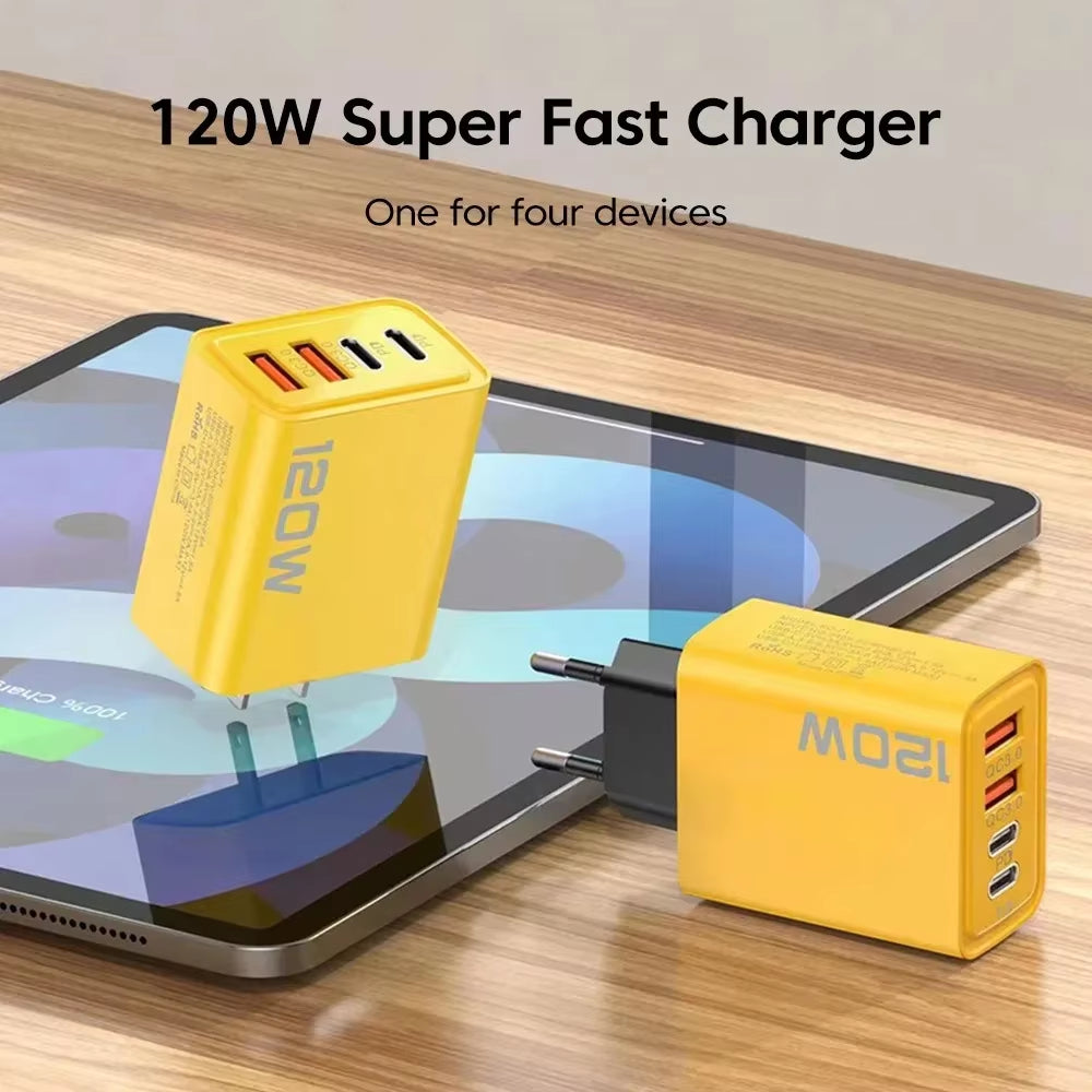 Total 120W USB C Fast Charger 4 Ports PD Quick Charging 3.0 Type C Mobile Phone Adapter Wall for Iphone 15 16 Pro Xiaomi Samsung
