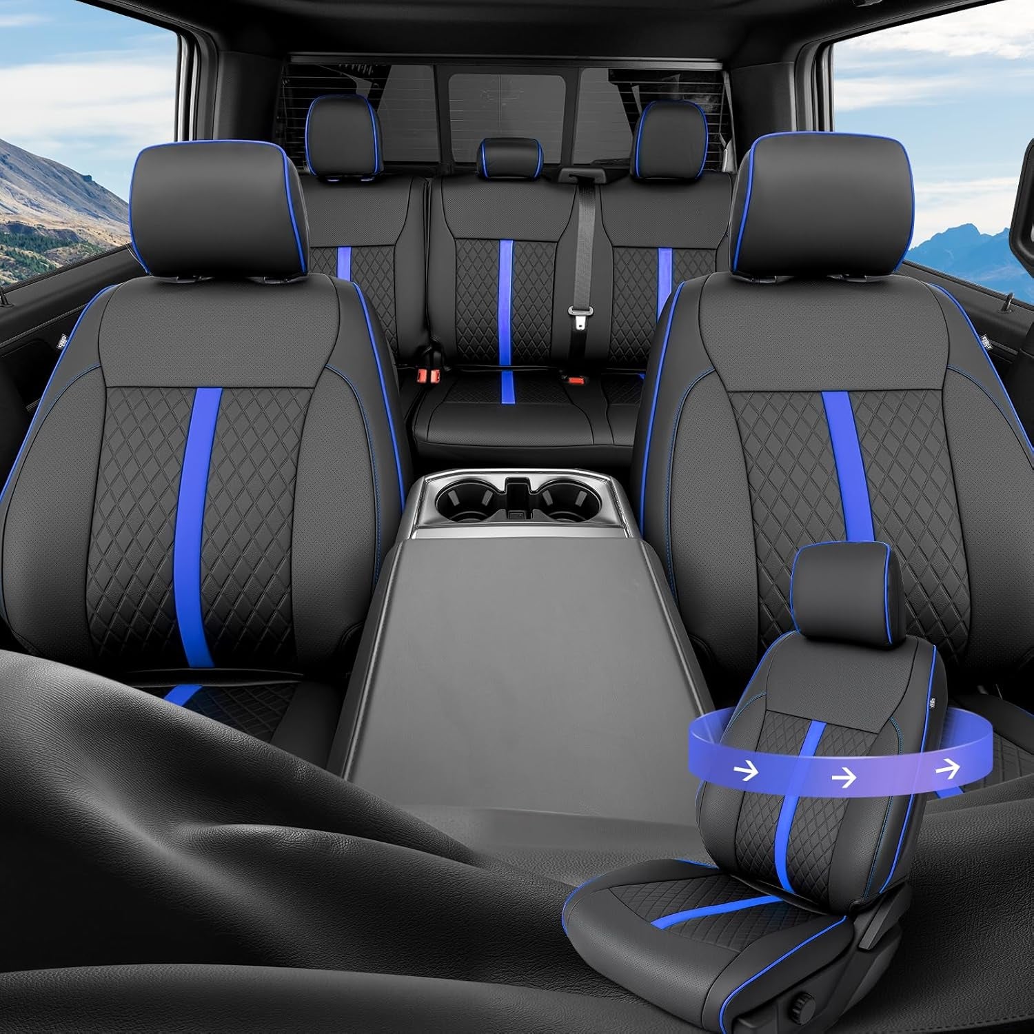 ® for Ford F150 Seat Covers: 2015-2026 Supercrew/Crew Cab, Full Set Faux Leather Truck Seat Covers for F-150 XL XLT, Car Accessories Custom Fit Pickup Seat Protectors for Ford F 150, Black/Blue
