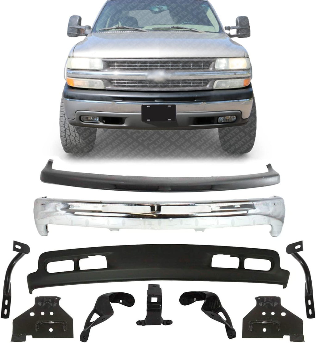 New Front Bumper Chrome Steel + Upper Cover + Lower Valance Primed + Outer Brace + Brackets LH & RH Side for Chevrolet Silverado 1500 1999-2002 / Tahoe 2000-2006 Direct Replacement