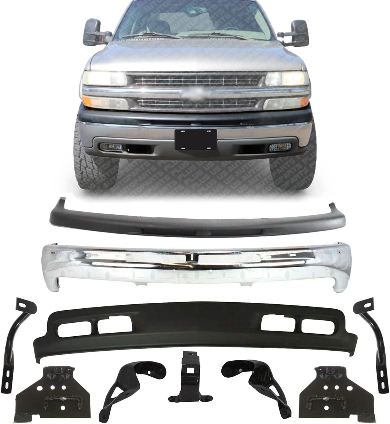 New Front Bumper Chrome Steel + Upper Cover + Lower Valance Primed + Outer Brace + Brackets LH & RH Side for Chevrolet Silverado 1500 1999-2002 / Tahoe 2000-2006 Direct Replacement