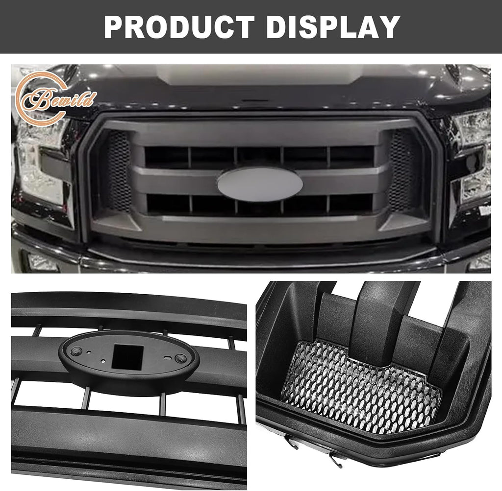 Front Bumper Grille Assembly Compatible with 2015 2016 2017 Ford F150 Centre Bumper Painted Black Housing and Insert Grille Assembly Shroud