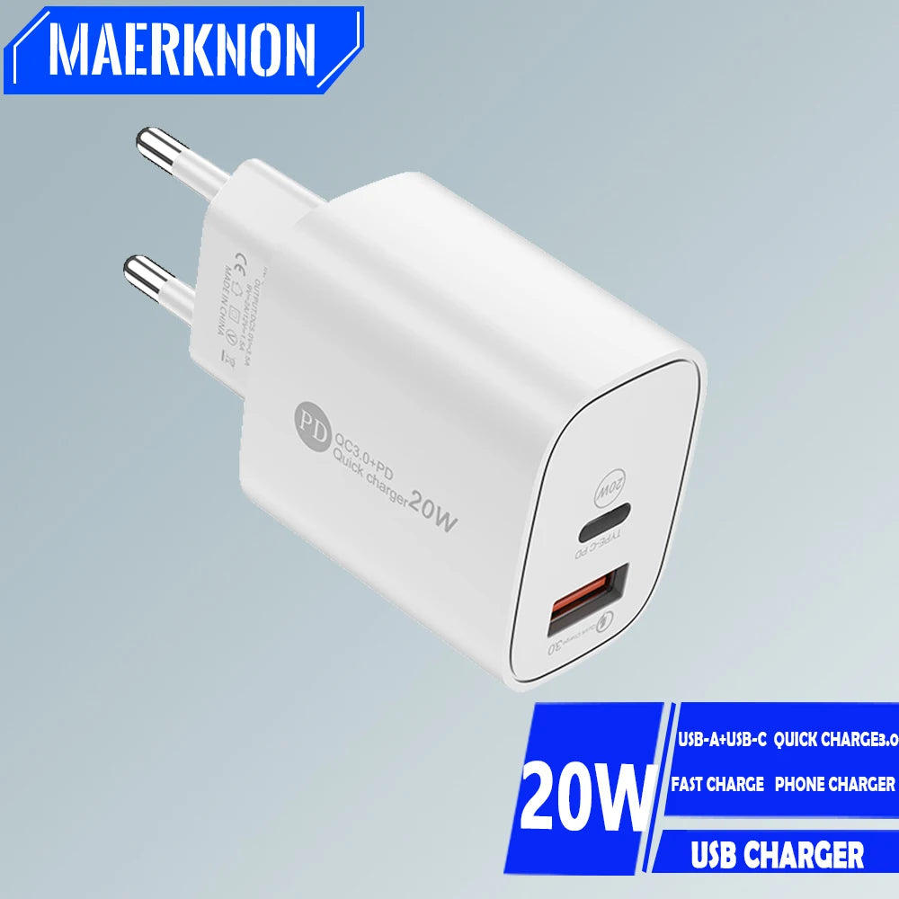 USB PD Charger 20W Dual Ports Type C Wall Charger Quick Charge 3.0 for Iphone Xiaomi Samsung Phone Charger Fast Charging Adapter